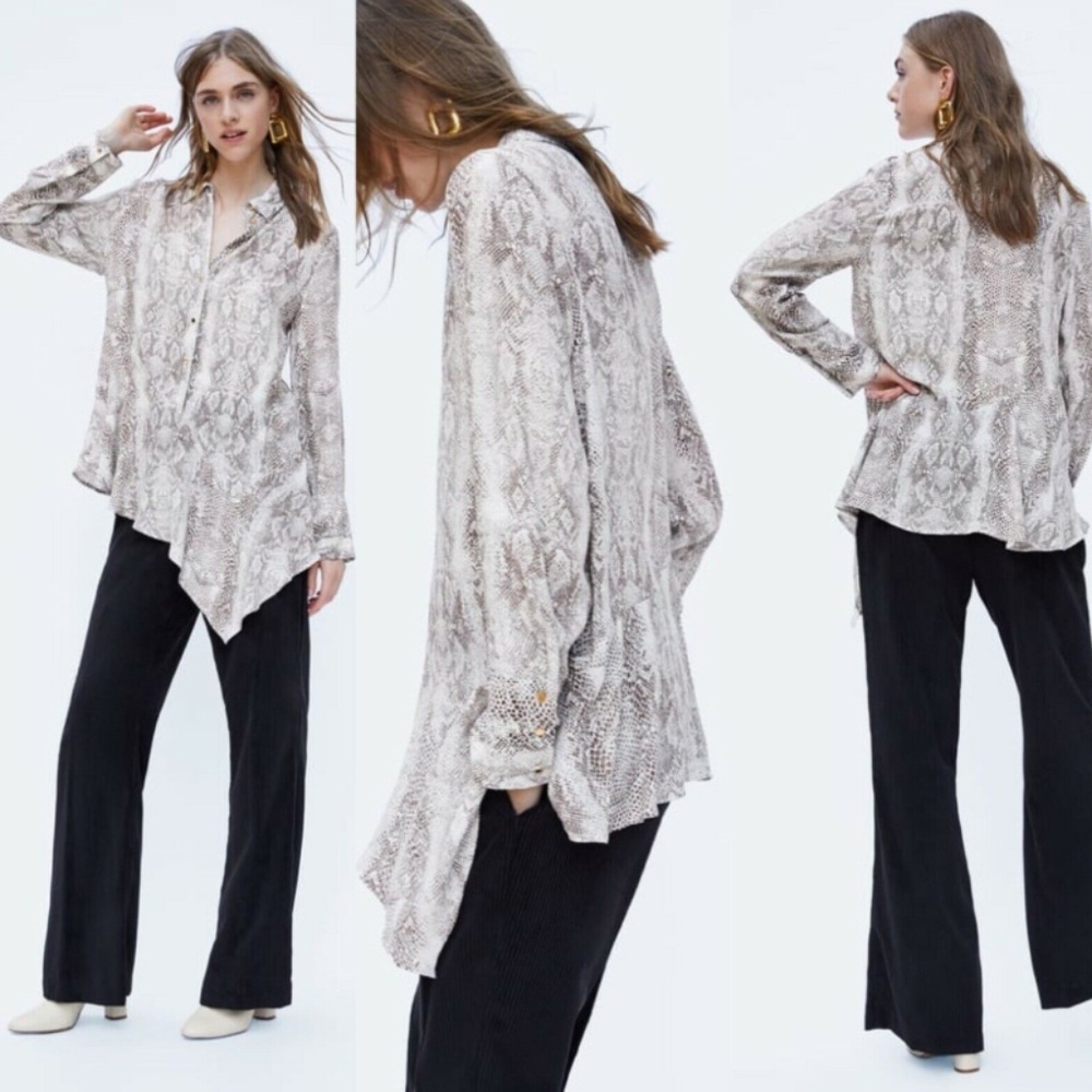 ZARA ASYMMETRICAL SNAKESKIN PRINT FLOWY BUTTON TOP